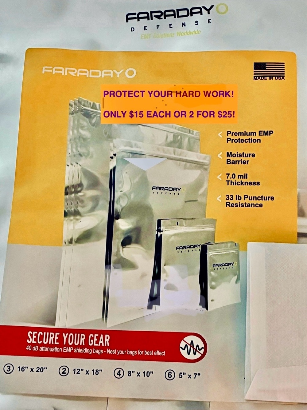 Made by Faraday Defense EMP Shielding Nest Bags-Silver -NWOT Selling single/pair